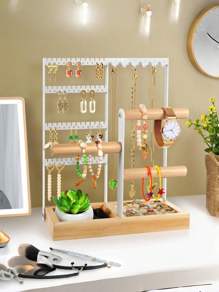 1 hộp đựng trang sức, hộp đựng bông tai 4 tầng với 48 lỗ, 6 móc treo dây chuyền, hộp gỗ đựng vòng tay và nhẫn, quà tặng Ngày của Mẹ cho phụ nữ, đồ trang trí phòng theo phong cách Preppy, quà tặng Ngày Valentine, giá đỡ bông tai bằng sắt mộc mạc với đế gỗ chắc chắn - giá trưng bày bông tai, giá đựng bông tai bằng sắt và gỗ cổ điển - bảng trưng bày trang nhã phụ kiện tai, giá đỡ bông tai bằng sắt và gỗ thủ công - giá trưng bày bông tai thủ công. - Nhiều màu - Xem 1
