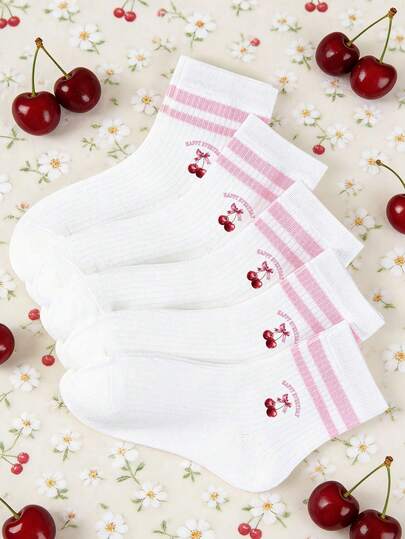 5 Pairs Kids Pink Striped, Letter, Cherry, Bow Print Breathable Mid-Calf Socks