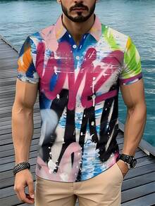 Men's 3-Button Sport Polo Shirt, Colorful Graffiti Letter Print, Quick-Dry Knit Slim Fit Top, Casual Vacation & Daily Wear - 彩色 - 查看 4