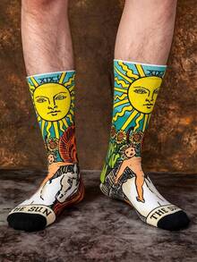 半双装男女通用日月塔罗牌印花透气吸湿休闲船袜，神秘风格，适合学生、成人、送礼及日常穿着 - 彩色 - 查看 5