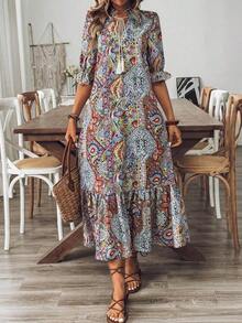 Vestido con mangas medias de estilo bohemio con estampado para mujeres, vestido largo holgado con volantes de estilo bohemio, vestido largo de mujer con estampado todo sobre, uso casual diario, primavera/otoño - Multicolor 5 - Ver 4