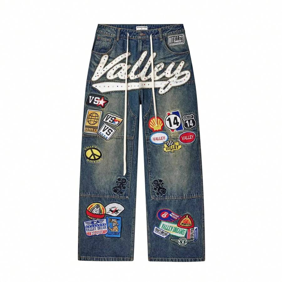 Men's Vintage Street Splicing Bead Patch Jeans Men's Drawstring Loose Denim Trousers Men's - Màu xanh lam - Xem 1