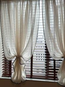 1pc Japanese Retro & Linen Color-Blocking Ruffled Hem Curtain, Semi-Sheer, Suitable For Living Room, Bedroom, Balcony, Multi-Scene Use - Beige - View 4
