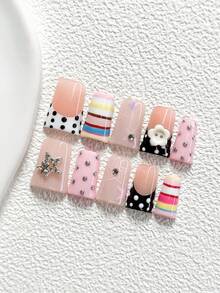 10Pcs Sweet And Edgy Style Handmade Nail Art Set,Unghie Press On,Buttons, Stars,Stripes, Polka Dots, Black, Blue,Yellow And Red Nail Polish,Includes Nail Tools,3 Sizes Available,Almond Nails , Duck Nails,Coffin Nails For Party, Dance, Daily Wear - 彩色 - 查看 2