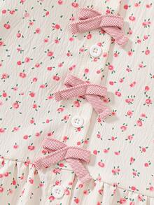 Kids Girl Sweet Summer Set - Pink Bow Decor Floral Print Blouse & Elastic Waist Shorts 2pcs - Hồng - Xem 5
