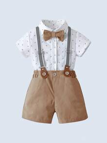 BOARNSEORL 2pcs Baby Boys Gentleman Outfit Set: Short Sleeve Collared Shirt With Bow Tie And Overalls Shorts, Fashionable For Birthday Party, Wedding, Summer - Khaki - View 2