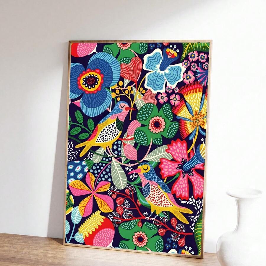 1幅波西米亚风彩色鸟语花香墙画,植物印花帆布画,充满活力的热带花卉海报,异想天开的极繁主义家居装饰,适用于客厅、卧室、儿童房,无框/有框/木质海报架 - 圖案 - 查看 1