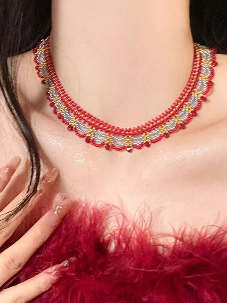 1件红色多层珍珠项链，优雅宫廷风格女士项链 - 紅色 - 查看 1