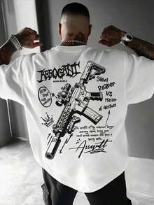 Camiseta de manga corta de cuello redondo con estampado de arma y texto en inglés para hombre, de corte holgado y casual.Diseño exquisito, esencial para el verano, fácil de combinar - Blanco - Ver 4