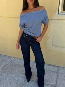 FOR BEAUTY Spring/Summer New Women's Knit Top, Blue Solid Color Patchwork Bow, Y2K Midriff-Baring Off Shoulder Short Knit Sweater, Shoulder Button Design, Casual Chic Minimalist Style, Suitable For Daily Wear, Street, Music Festivals, Beach Vacations, Dates - Blue - View 8