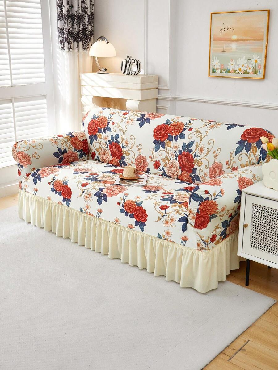 1pc Slip-Resistant Elastic Decorative Sofa Cover, Milk Silk Fabric Floral Print Skirt Design, Fit For Single/Double/Three/Four Seater Sofa, Pet-Friendly, Colorful, Suitable For Spring/Summer/Autumn/Winter