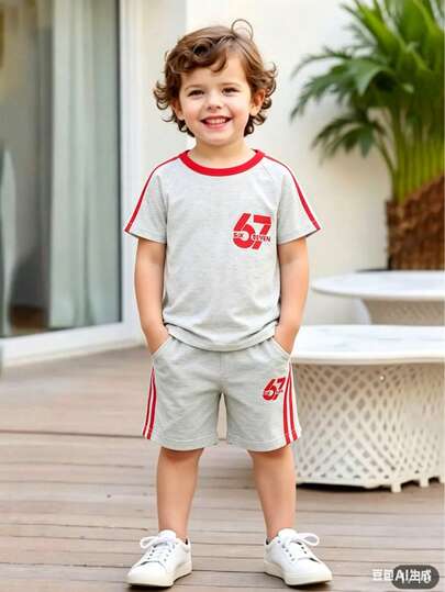 Set de 2 piezas de camiseta de manga corta con cuello redondo y pantalones cortos con estampado 67 para niños pequeños, informal, vacaciones, ciclismo, deportes, 4-7 años