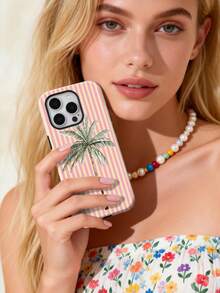 1 pieza Funda dura de teléfono con patrón de rayas y árbol de palma en acuarela estilo vacaciones, perforada y brillante, 2 en 1 con efecto cinematográfico, apta para iPhone 11/12/13/14/15/16 Pro Max - Multicolor - Ver 2