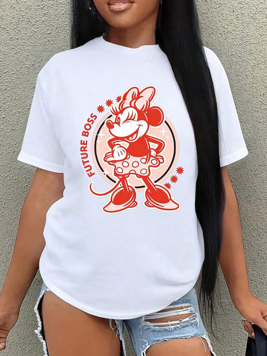 Disney Womens Casual Cotton Minnie Mouse Future Boss Print Short Sleeve Regular Round Neck T-Shirt, Men's Sizes Suitable For The Whole Family - 白色 - 查看 1