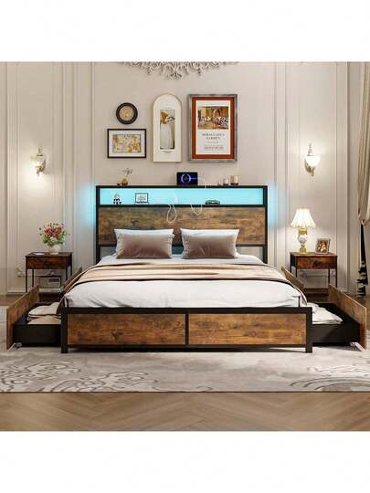 OYAJIA 4FT6 Double Size Metal Bed Frame With RGB LED Lights, Charging Station, Storage Headboard And 4 Underbed Drawers, Industrial Steel Slat Support Platform Bed Frame Base (218 X 144 X 103 Cm)