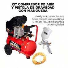 Kit Compresor y Pistola de Gravedad con Manguera de Aire Portátil con Ruedas 2030KG 25L 2.5HP Dos Salidas de Aire Manómetro Doble Presión Máxima 135PSI Caudal 5.89 CFM - Rojo - Ver 2