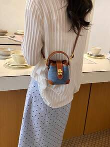 New Arrival Cute Mini Handbag, Contrast Color Lock Small Bucket Bag, Contrast Trim Compact Cosmetic Bag, Small Crossbody Bag, Accessory Pouch, Decorative Pouch, Evening Bag, Coin Purse - Denim Blue - View 5