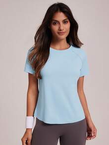 VUTRU Round Neck Short Sleeve Workout T-Shirt With Criss-Cross Hollow-Out Design, Suitable For Running And Fitness Sports - Sky Blue - View 4