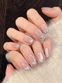 10 piezas de uñas postizas cortas en forma de ataúd hechas a mano para fiestas y uso diario, uñas de color rosa, uñas postizas cortas hechas a mano con efecto de diamante roto en tono francés, uñas minimalistas de ojo de gato brillante y deslumbrante, fáciles de usar. 10 piezas de uñas postizas hechas a mano estilo Y2K, brillantes y deslumbrantes, adecuadas para festivales, fiestas y uso diario de chicas y mujeres, apropiadas para primavera y verano - Rosa Pálido - Ver 3