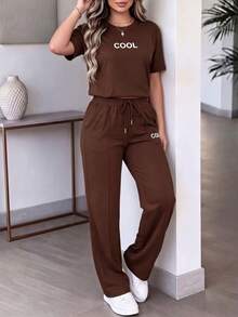 女士新款夏季两件套，个性化字母印花圆领短袖T恤搭配高腰抽绳直筒裤 - 咖色90 - 查看 2