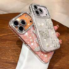 3D Rhinestone Pearl Butterfly Phone Case With Lens Protection, Full Coverage Anti-Fall Anti-Shock New Model, Luxury Pearl Diamond Butterfly Transparent Plated Soft Silicone Back Cover Phone Protective Case, Compatible With IPhone 17/16/15/14/13/12 Pro Max - Multicolor - View 3