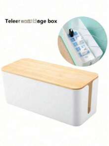 1pc Bamboo Wood Cable Organizer Box, Data Cable Storage Box, Power Cord Organizer Box, Sorting Box, Socket Computer Cable Rack, Plug Box - White - View 4