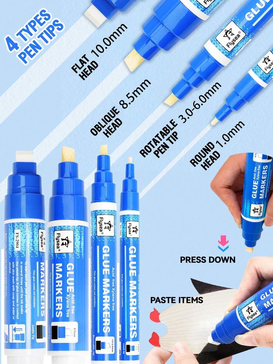 Planner Glue Pen Set, Liquid-Type Soft Tip, 5 Colors, 4 Nib Styles (1.0mm Round / 3-6mm Rotary / 8.5mm Oblique / 10mm Flat), Back To School - Multicolor - View 1