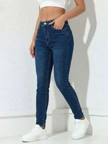Pantalón Ajustado Negro de Talle Alto: Silueta Ceñida y Botonadura Frontal Decorativa, Denim Elástico para un Ajuste Cómodo. - Azul Mezclilla H2VA34 - Ver 5