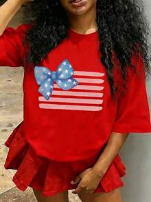 [Independence Day] Tweed Girl Independence Day Patriotic Bow Print Pullover Crew Neck T-Shirt - Spring, Summer, And Autumn Student Young Children's Short-Sleeve Top - Perfect For Play And Casual Outings. A Fun And Colorful T-Shirt That Inspires Every Child's Imagination. Suitable For Sporty Girls' Everyday Wear, Street Style, And School Uniforms. - 紅色 - 查看 3