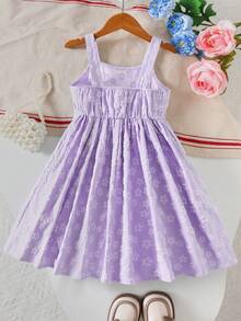 Young Girls' Spring/Summer Spaghetti Strap Floral Textured Pom Pom & Big Bow Decor Princess Dress - Purple - View 3