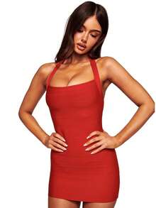 New Fashion Sexy Solid Color Bandage U-Neck Stretch Ribbed Slim Fit Camisole Bodycon Dress For Women - 紅色 - 查看 1