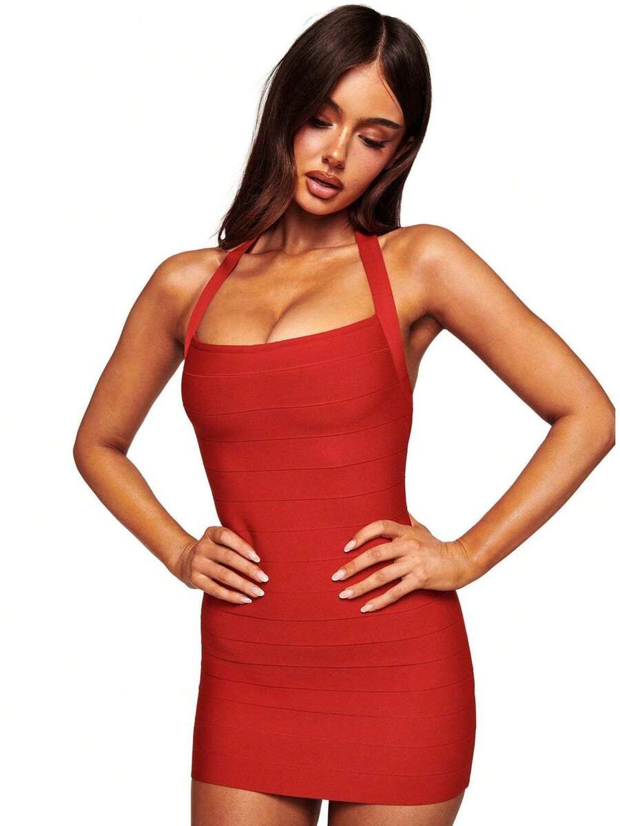 New Fashion Sexy Solid Color Bandage U-Neck Stretch Ribbed Slim Fit Camisole Bodycon Dress For Women - 紅色 - 查看 1