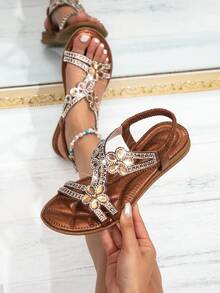 Women's Rhinestone Flat Sandals, Bohemian Style Elastic Band Open Toe, Summer Beach Vacation Shoes - Bronze - View 2