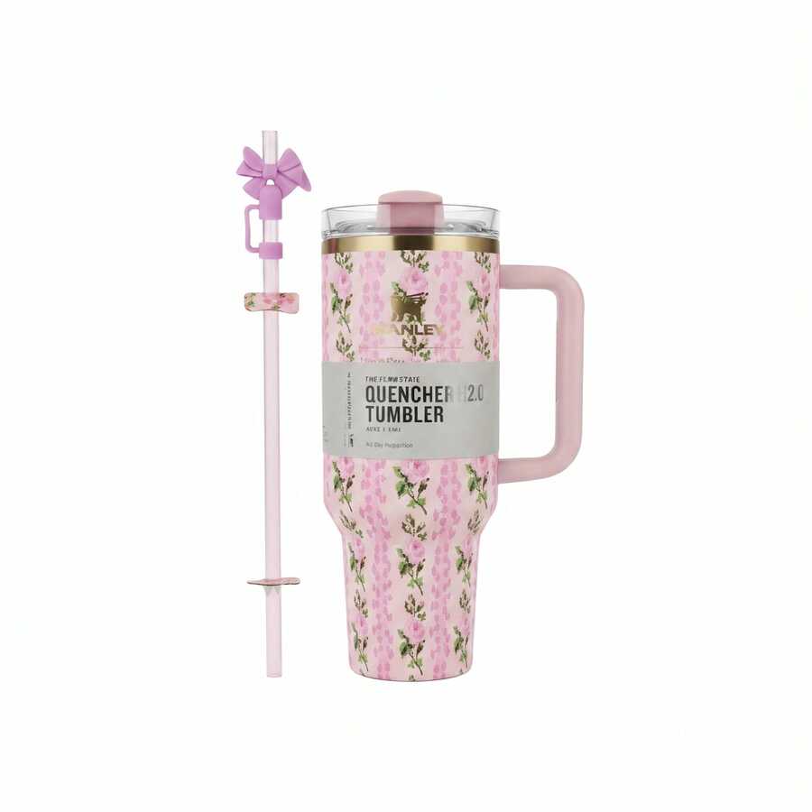 Stanley X LoveShackFancy 40 Oz Blooming Heirloom Quencher Tumbler With Handle & Straw – Stainless Steel Insulated Travel Cup - Hồng - Xem 1