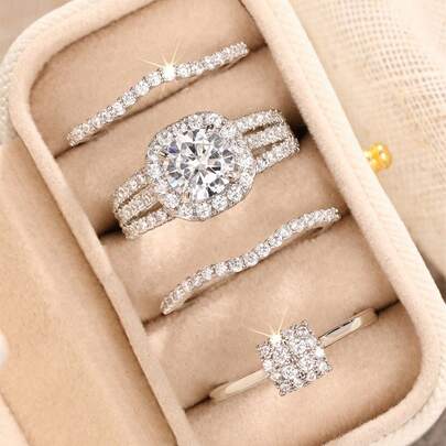 4pcs Cubic Zirconia Stone Rings Set With Gift Box, Suitable For Women, Applicable For Wedding, Engagement, Anniversary Party, Jewelry Valentine's Day Gift And More