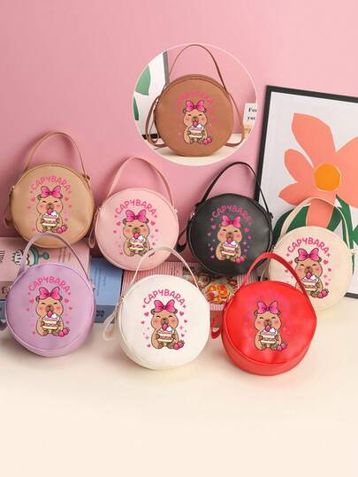 1pc Girls' Cute Fashion Mini Round Bag, Adorable Printed Designs Like Capybara, Rabbit, Cute Cat, Unicorn, Soccer Ball, Dinosaur, Ideal Gift For Birthday Or Any Occasion