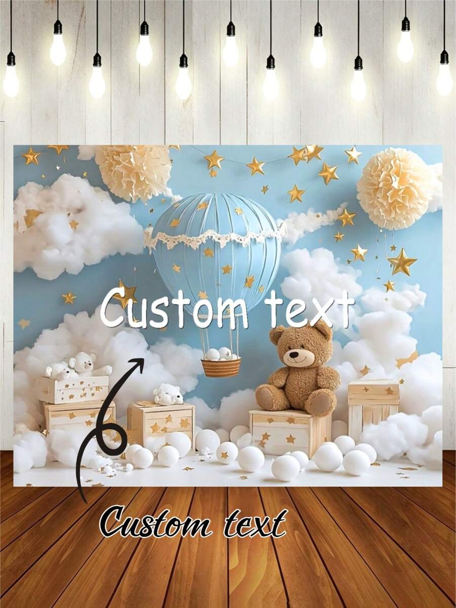 Customizable Light Blue Background Teddy Bear Happy Birthday Backdrop, Blue & White Hot Air Balloons, Golden Stars, Gift Box, Cloud Decor, Baby Shower, Vinyl Material, Boy Birthday Decor