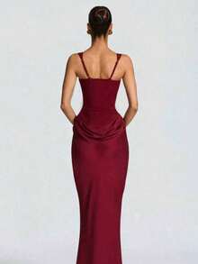 1pc Women's Sexy Minimalist Solid Color Elegant Ruched Deep V-Neck Long Sleeve Bodycon Dress Party Summer - Burgundy - View 2
