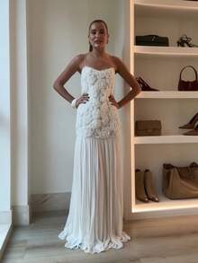 Women's Elegant White Flared A-Line Midi Dress With 3D Rose Details, Strapless Sleeveless Party Dress, Perfect For Special Occasions - 白色 - 查看 6