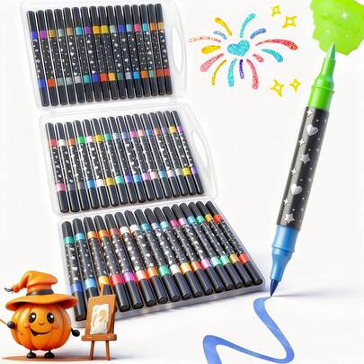 12/24/36/48 新款双头/单头闪光笔、马克笔、手绘单色毛笔头、粗软笔尖、不褪色、珠光闪光笔、闪光马克笔、彩色绘画本、荧光笔、圣诞涂鸦、圣诞礼物、新年礼物、返校季、学习用品、文具、办公用品、桌面配件