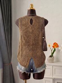 Áo tank top dệt kim không tay thời trang nữ, cổ tròn, thiết kế vạt áo bất đối xứng. - màu nâu - Xem 3