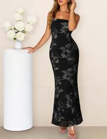 Women's Floral Strapless Maxi Dress, 2026 Summer Mesh Bandeau Slim Fit Formal Wedding Guest Cocktail Long Dress - 黑色 - 查看 2