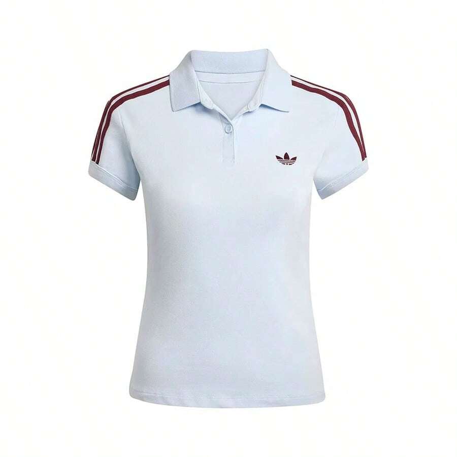 Adidas Originals Firebird Trefoil Sport Knit Slim-Fit Turtleneck Polo Shirt | Women's Short-Sleeve Casual Top - 淺藍色 - 查看 1