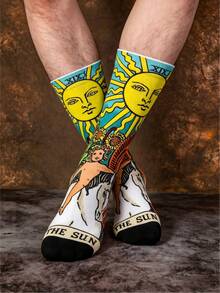 半双装男女通用日月塔罗牌印花透气吸湿休闲船袜，神秘风格，适合学生、成人、送礼及日常穿着 - 彩色 - 查看 4