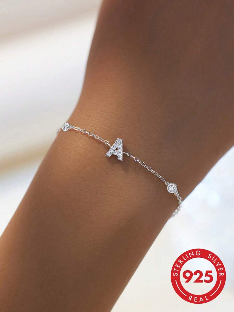 1 Miếng Tối giản Bạc 925 Khối Zirconia  Chữ cái A-Z Vòng tay
