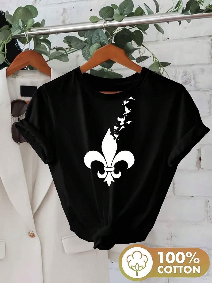 -Short-Sleeved, Round-Neck Shirt With A Crushed Lily Print - YGW - Black - View 1