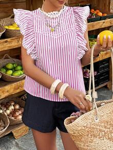 Blusa de Primavera/Verano con Rayas Rosadas, Bordado y Volantes, Estilo de Vacaciones Francés para Citas y Uso Diario - Rosa - Ver 4