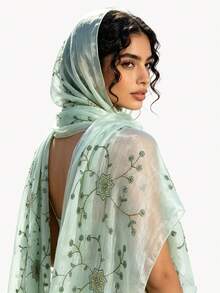 1pc High-End Starry Embroidered Shawl, Middle Eastern Muslim Headscarf, Wedding & Formal Event Accessory - Green - View 4