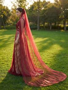1pc Long Burgundy Bridal Veil, Shiny, Suitable For Wedding Dress, Evening Gowns, Parties - Multicolor - View 5