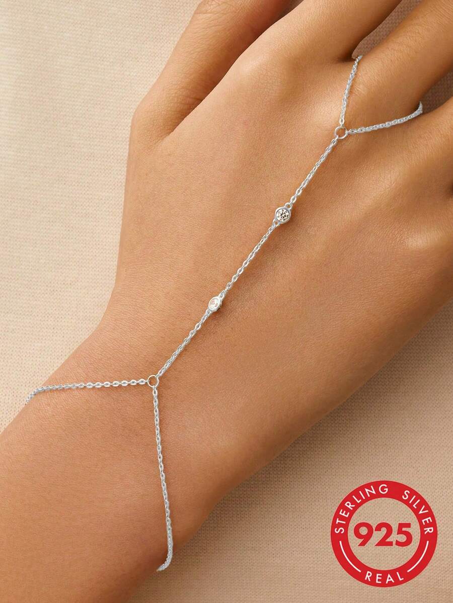 SYMFNY 1 pieza Anillo minimalista de plata esterlina 925 con circonita cúbica, juego de 2 piezas de anillo y pulsera, adecuado para uso diario, citas, fiestas, atuendo de vacaciones - Plateado - Ver 1